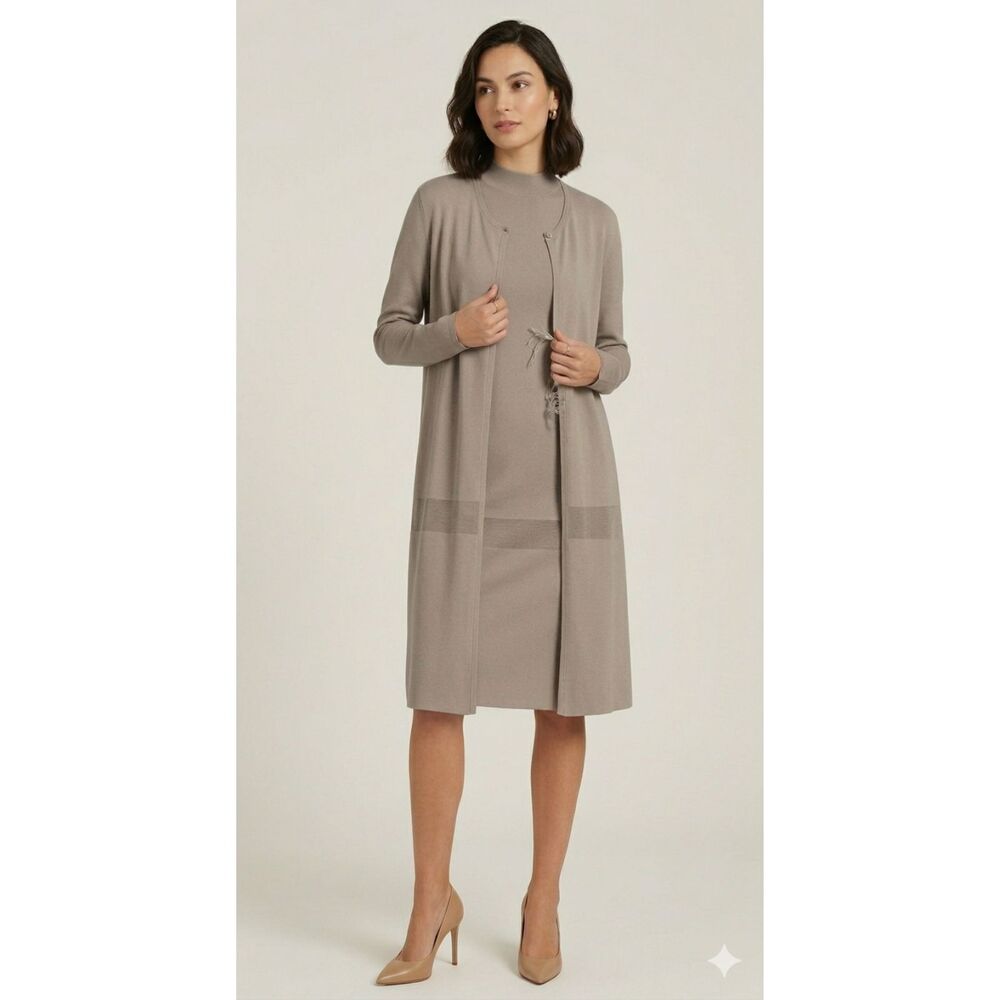 Max Mara Beige Longline Cardigan and Short Sleeve Knit Dress Polished Set Sz L
